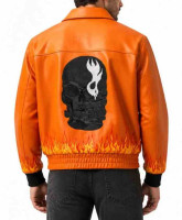Flame Skull Printed Orange Leather Jacket | LJB